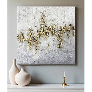 GOLD TRAIL ΠΙΝΑΚΑΣ ΔΙΑΚΟΣΜΗΣΗΣ 100x100x4cm OIL ACRYLIC ΛΕΥΚΟ ΓΚΡΙ ΧΡΥΣΟ ΚΑΜΒΑΣ