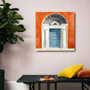 M631 - Πίνακας γαλάζια πόρτα σε πορτοκαλί φόντο