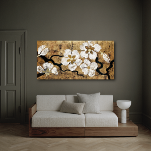 M885 - Πίνακας λευκά άνθη σε χρυσό φόντο