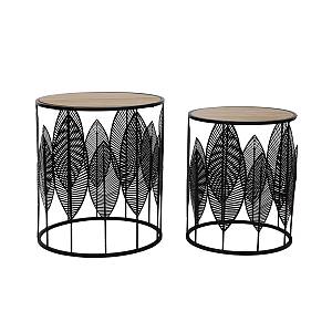 LEAF COFFEE TABLE SET 2ΤΕΜ ΜΑΥΡΟ ΦΥΣΙΚΟ D40-33,5xH45-40cm