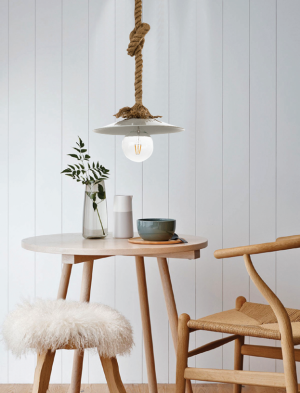 Κρεμαστό φωτιστικό από καφέ σχοινί και λευκό μέταλλο 1XE27 D:36cm (4382-WH)