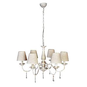 Κρεμαστό φωτιστικό από λευκή πατίνα, κρύσταλλα και υφασμάτινο καπέλο 5XE14 D:65cm (5010-6)