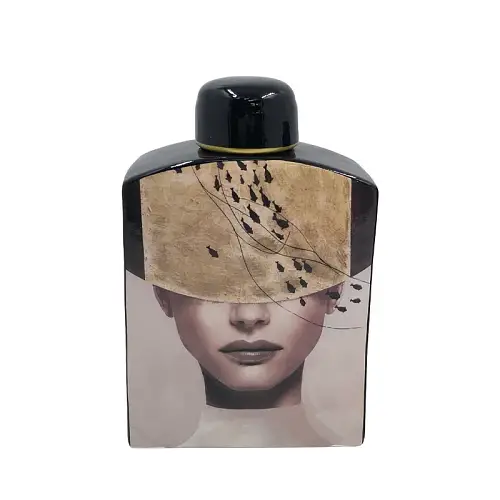 ΚΕΡΑΜΙΚΟ ΚΟΥΠ ΜΕ ΚΑΠΑΚΙ ΜΕΓΑΛΟ ΓΥΝΑΙΚΑ ΜΕ ΚΑΠΕΛΟ ΜΑΥΡΟ/ΧΡΥΣΟ & ΨΑΡΑΚΙΑ - 20.5x9.5x30cm 4/KIB