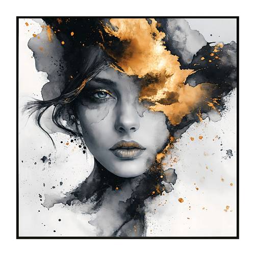 ΠΙΝΑΚΑΣ ΚΑΜΒΑΣ ΑΣΠΡΟΜΑΥΡΟΣ ΜΙΣΟ ΠΡΟΣΩΠΟ ΓΥΝΑΙΚΑΣ ΜΕ ΧΡΥΣΕΣ ΛΕΠΤΟΜΕΡΙΕΣ - 82x82cm 6/KIB