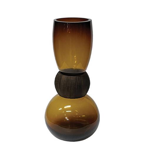 ΓΥΑΛΙΝΟ ΒΑΖΟ ΚΕΧΡΙΜΠΑΡΙ/ΚΑΦΕ ΚΑΜΠΥΛΩΤΟ ΜΕ ΞYΛΙΝΟ ΔΑΚΤΥΛΙΟ ΣΤΗ ΜΕΣΗ - Φ16x33cm 12/KIB