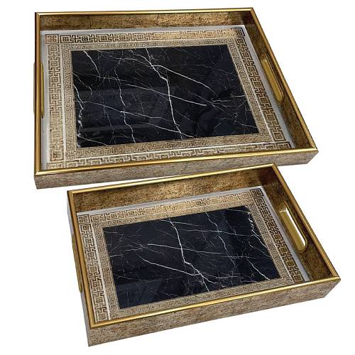 ΔΙΣΚΟΙ MDF & ΓΥΑΛΙ ΣΕΤ/2 ΧΡΥΣΟ/ΜΑΥΡΟ ΜΑΡΜΑΡΟ-ΜΑΙΑΝΔΡΟΣ ΟΡΘΟΓΩΝΙΟΙ ΜΕ ΧΕΡΟΥΛΙΑ - L:40x30, S:35x25cm 12/KIB