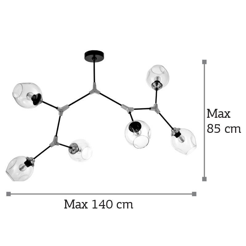 Κρεμαστό φωτιστικό από μαύρο μέταλλο και διάφανο γυαλί 6XE27 D:140cm (6129-6-GL)
