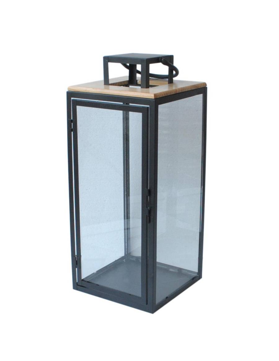 Φανάρι μεταλλικό μαύρο/ξύλινο καπάκι 20.5X20.5X49.5cm