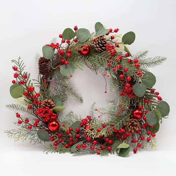 ΣΤΕΦΑΝΙ ΜΕ ΚΟΚΚΙΝΕΣ ΜΠΑΛΕΣ ΚΑΙ ΦΥΛΛΑ ΕΥΚΑΛΥΠΤΟΥ, 60cm