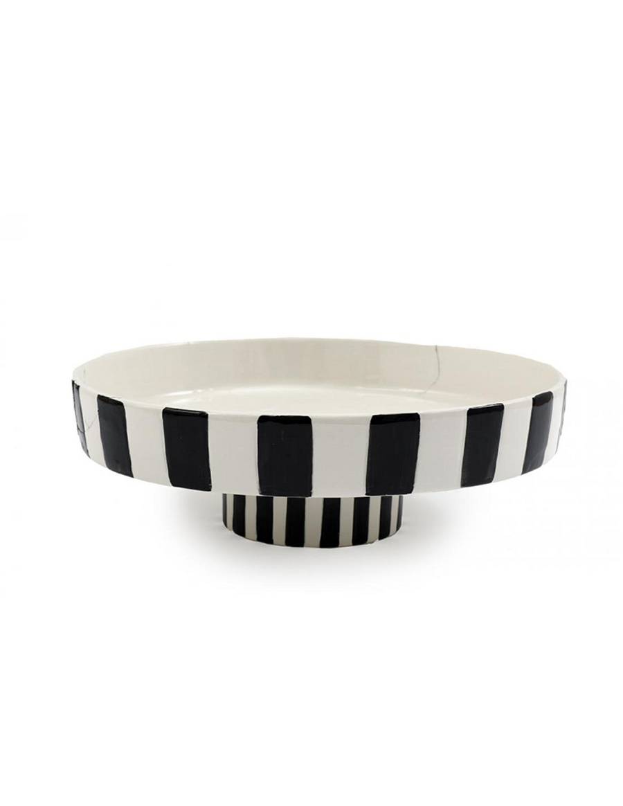 Πιατέλα με πόδι κεραμ.ριγέ μαυρόασπρη Φ27,5