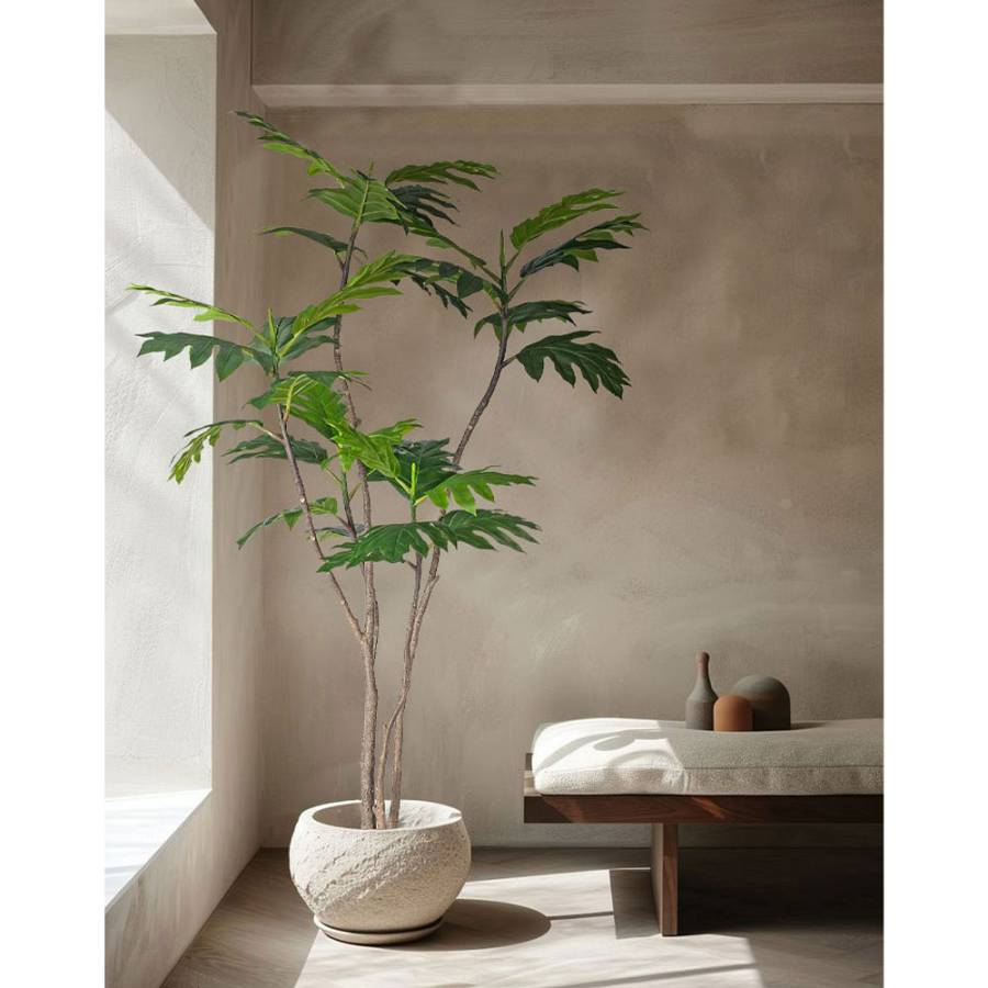 BREADFRUIT TREE ΔΕΝΤΡΟ ΤΕΧΝΗΤΟ ΣΕ ΓΛΑΣΤΡΑ 180cm PE ΠΡΑΣΙΝΟ ΜΕΤΑΞΩΤΟ ΥΦΑΣΜΑ