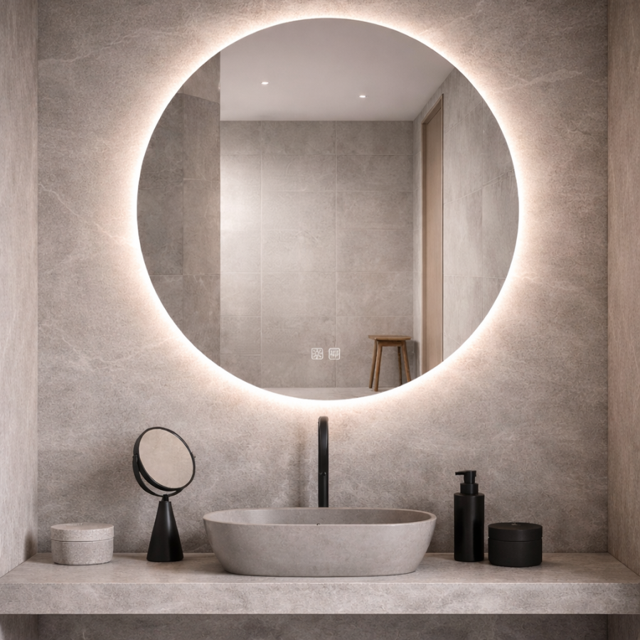 MIRROR WITH LED LIGHT 15W 3000K-4000K ROUND BACK LIGHT TOUCH DIMMING & ANTIFOG SWITCHES IP44 80CM