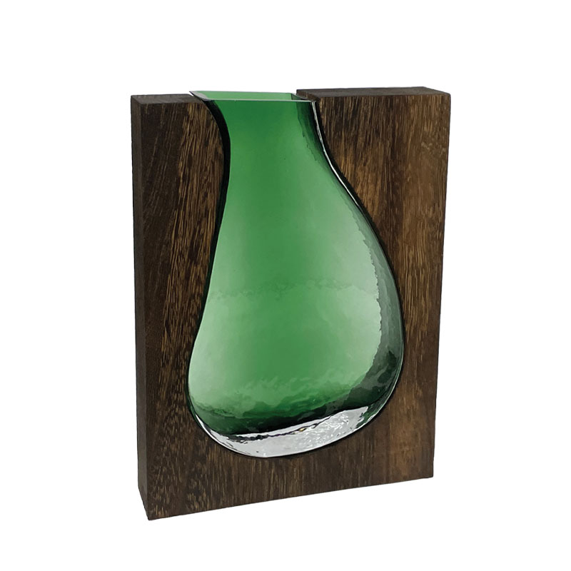 ΓΥΑΛΙΝΟ ΒΑΖΟ ΠΡΑΣΙΝΟ/ΚΑΦΕ ΣΕ ΞΥΛΙΝΟ ΟΡΘΟΓΩΝΙΟ ΠΛΑΙΣΙΟ/ΒΑΣΗ - 22x5x29cm 12/KIB