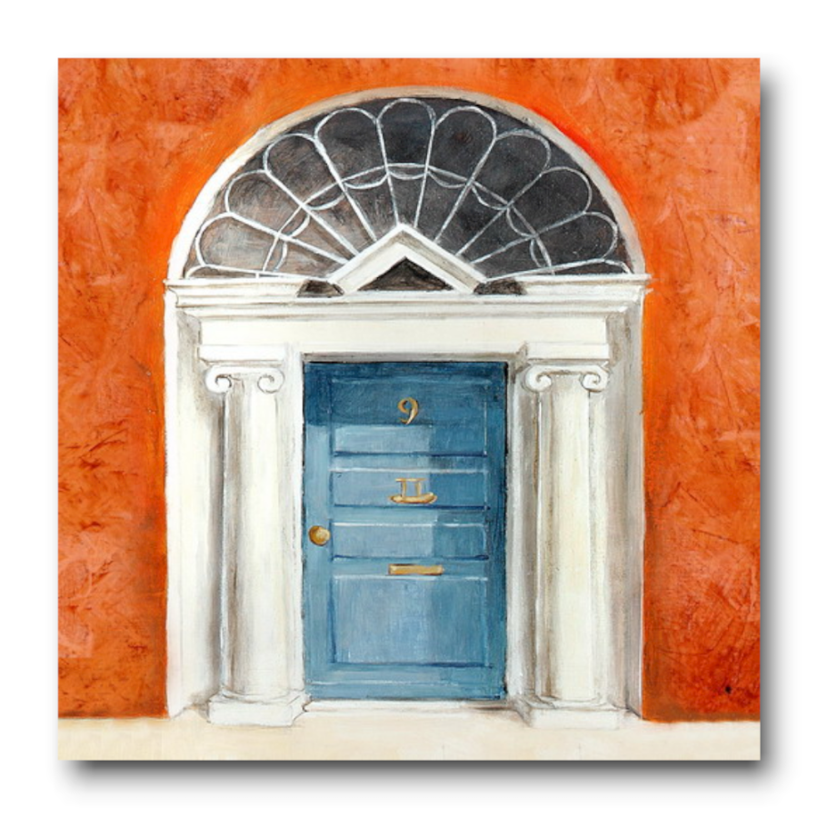 M631 - Πίνακας γαλάζια πόρτα σε πορτοκαλί φόντο