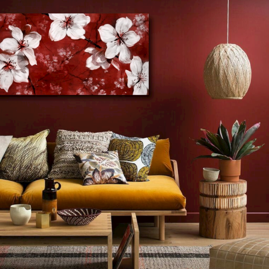 M711 - Πίνακας λευκά λουλούδια σε μπορντό φόντο