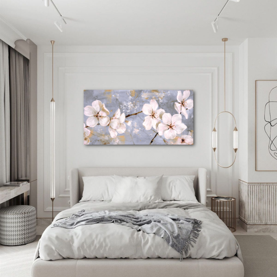 M715 - Πίνακας μπεζ λουλούδια σε γαλάζιο φόντο