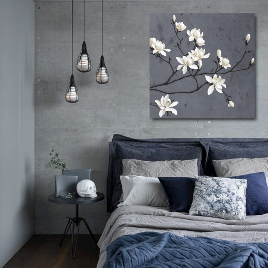 M718 - Πίνακας άνθη λεμονιάς σε γκρι φόντο