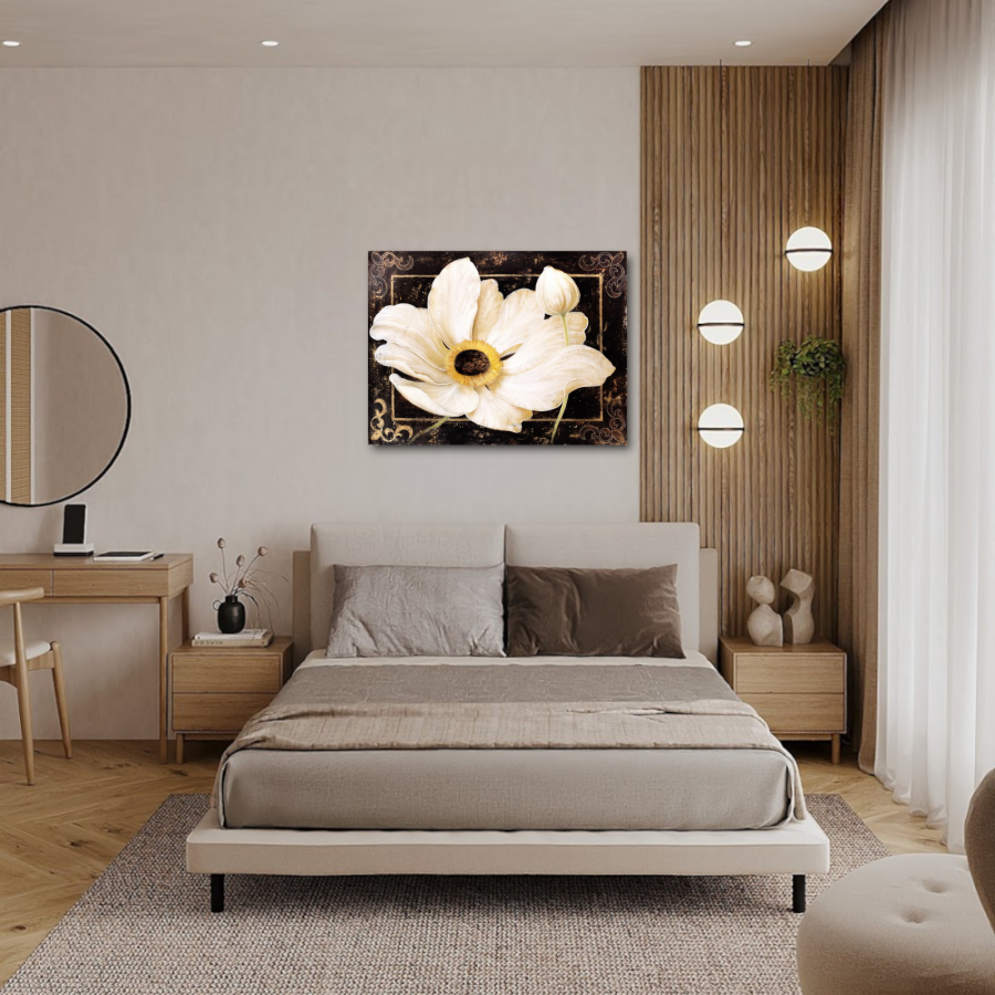 M886 - Πίνακας μπεζ λουλούδι σε καφέ φόντο