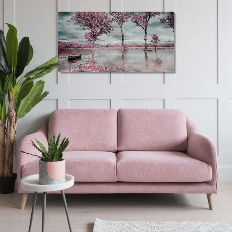 BDL057 - Πίνακας βάρκα σε λίμνη με ροζ δέντρα