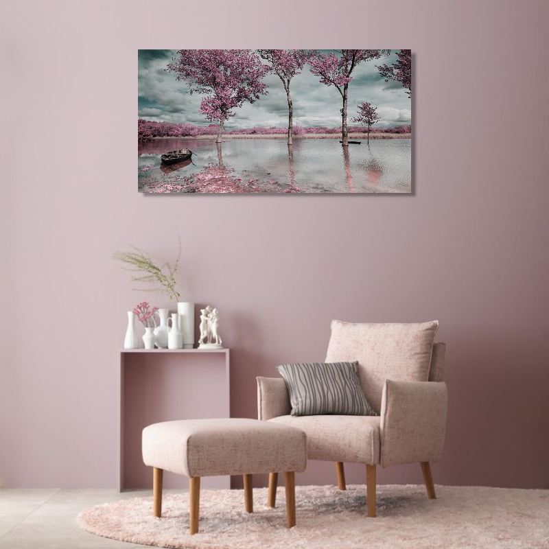 BDL057 - Πίνακας βάρκα σε λίμνη με ροζ δέντρα