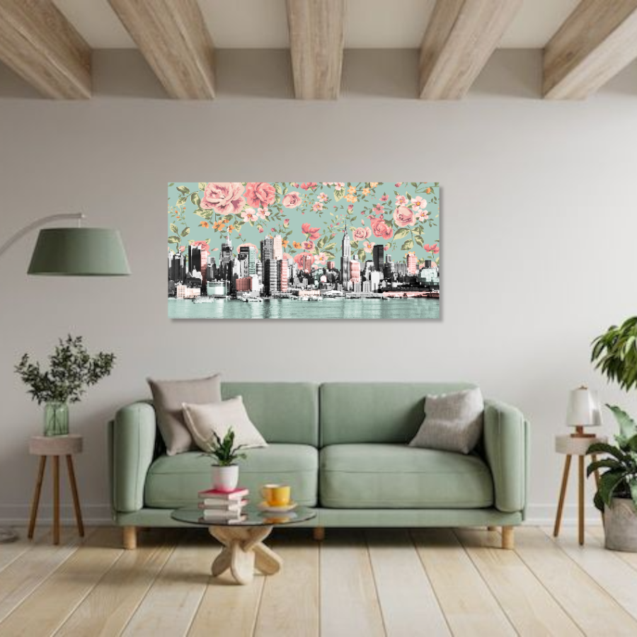 M942 - Πίνακας ουρανοξύστες και λουλούδια