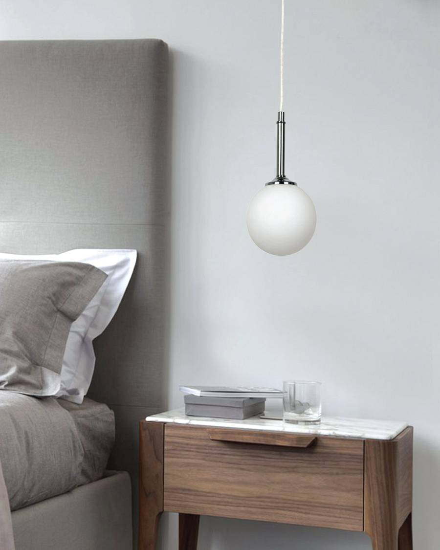 Κρεμαστό φωτιστικό από χρώμιο μέταλλο και λευκή οπαλίνα 1XG9 D:13cm (4515-1)