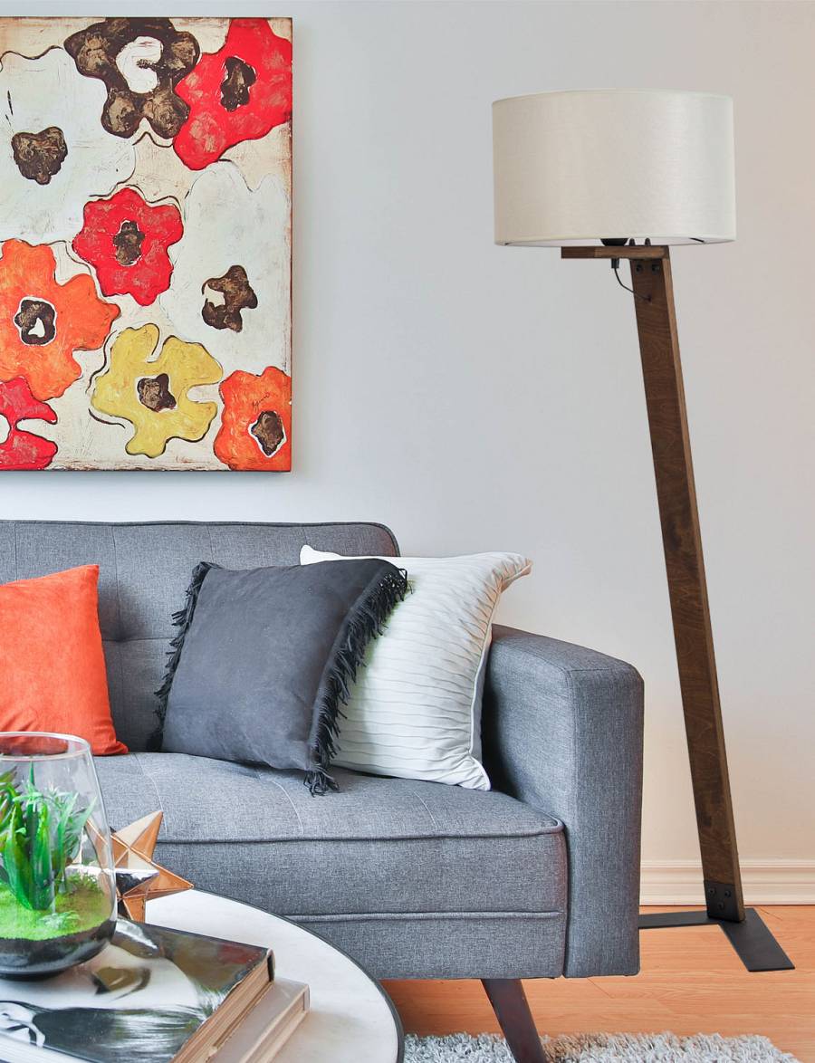 Φωτιστικό δαπέδου ξύλο/αμπαζούρ μπεζ Ε27