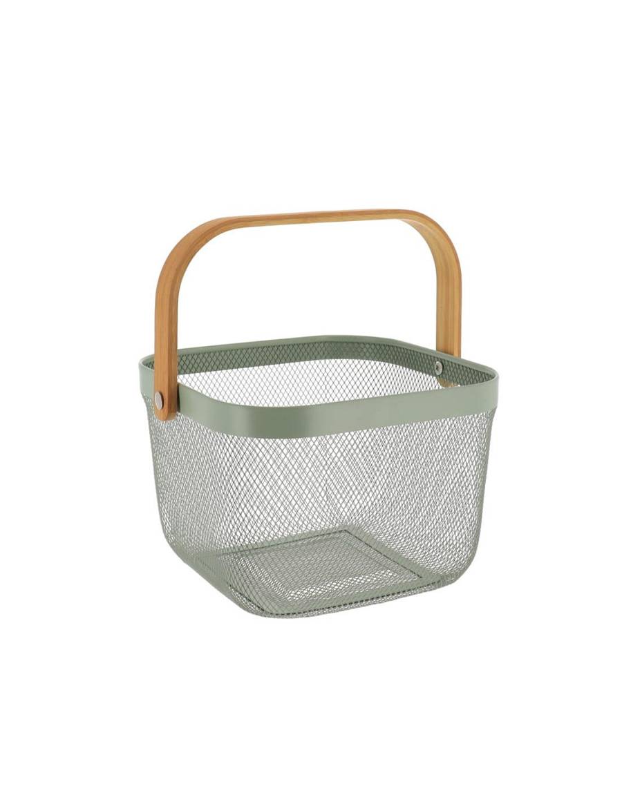 Kαλάθι μεταλ. Χακί με bamboo χέρι 24Χ24Χ17,5