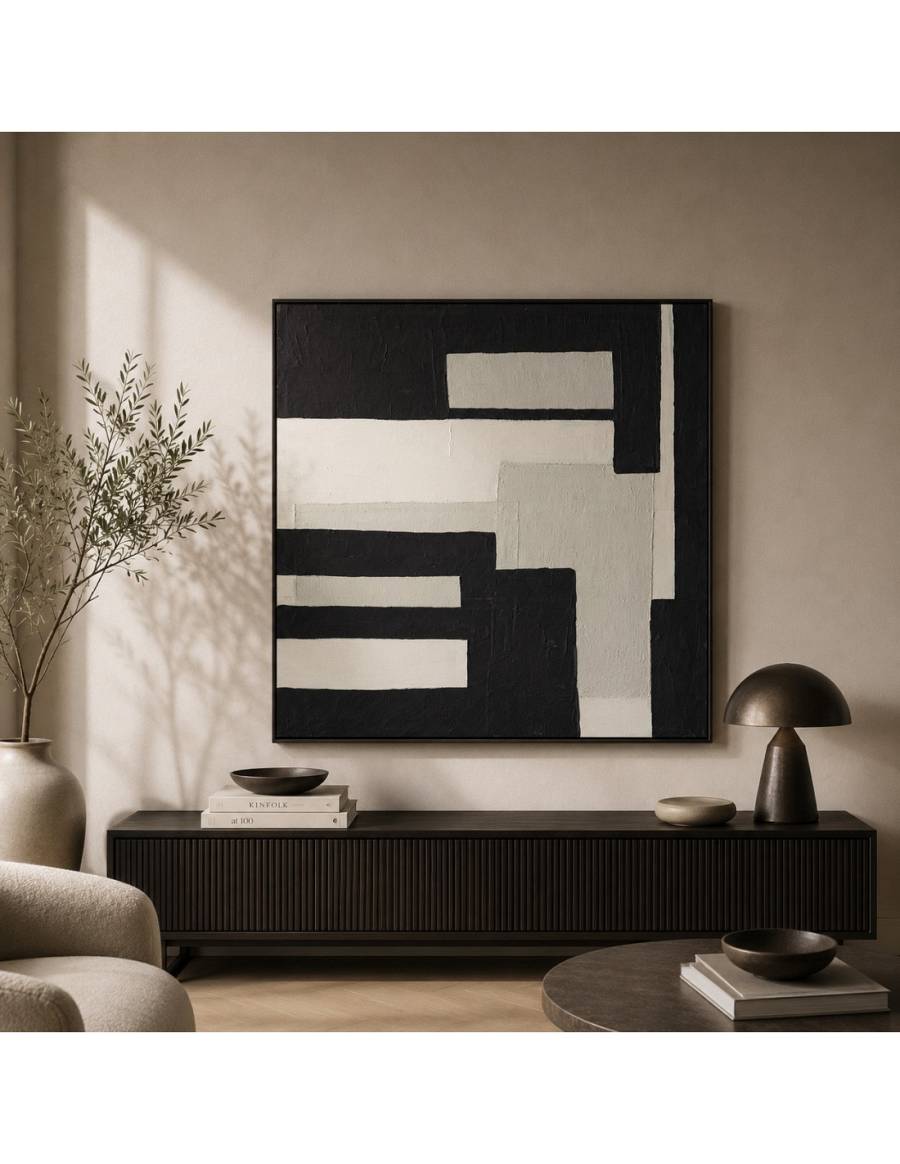 Πίνακας hand relief paint αφηρ.μαύρο/εκρού σε κάδρο 100x100 cm