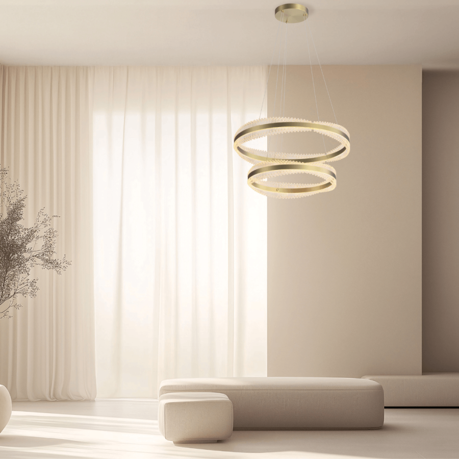PENDANT LED LIGHT 118W 3000K TRIAC BRUSHED GOLD METAL - CRYSTAL