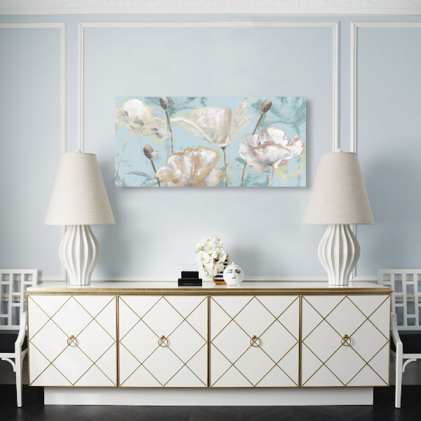 HK0151 - Πίνακας λευκά λουλούδια σε γαλάζιο φόντο