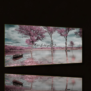 BDL057 - Πίνακας βάρκα σε λίμνη με ροζ δέντρα