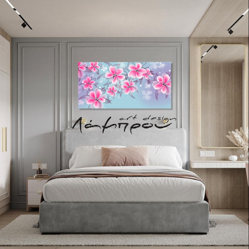 M923 - Πίνακας ροζ λουλούδια σε γαλάζιο φόντο
