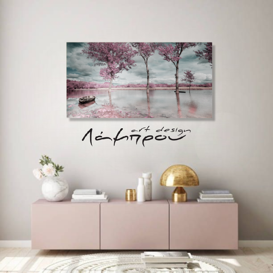 BDL057 - Πίνακας βάρκα σε λίμνη με ροζ δέντρα